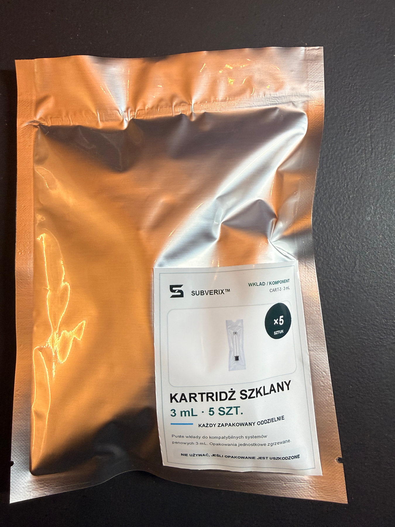 Kartridż szklany — rzeczywiste opakowanie SUBVERIX
