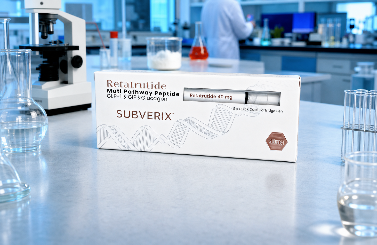Koncepcyjne opakowanie Retatrutide 40 mg SUBVERIX w laboratorium