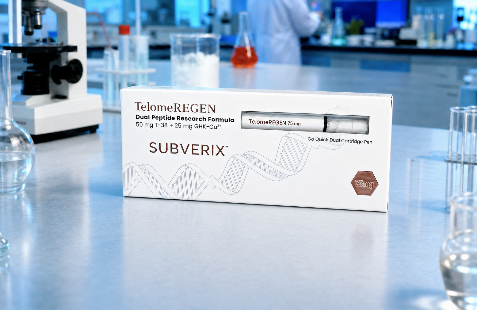 Koncepcyjne opakowanie TelomeREGEN 75 mg SUBVERIX w laboratorium